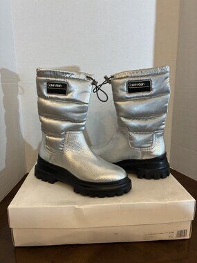Calvin Klein LAETON Puffy Bomber Winter Boots In Silver Size 7M